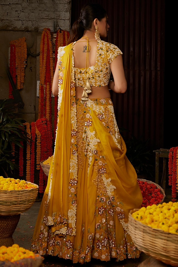 Mustard Yellow Hand Embroidered Bridal Lehenga Set by Nehha Nhata at Pernia's Pop Up Shop