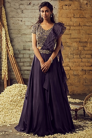 Dusty Purple Organza Lehenga Set by Nehha Nhata