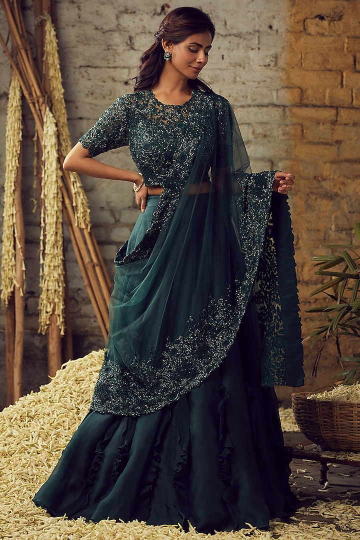 Bottle Green Hand Embroidered Saree Set by Nehha Nhata