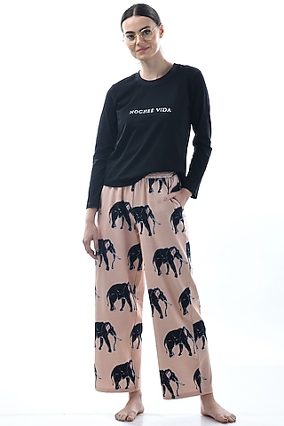 Peach Printed & Embroidered Pajama Pant Set by Nochee Vida