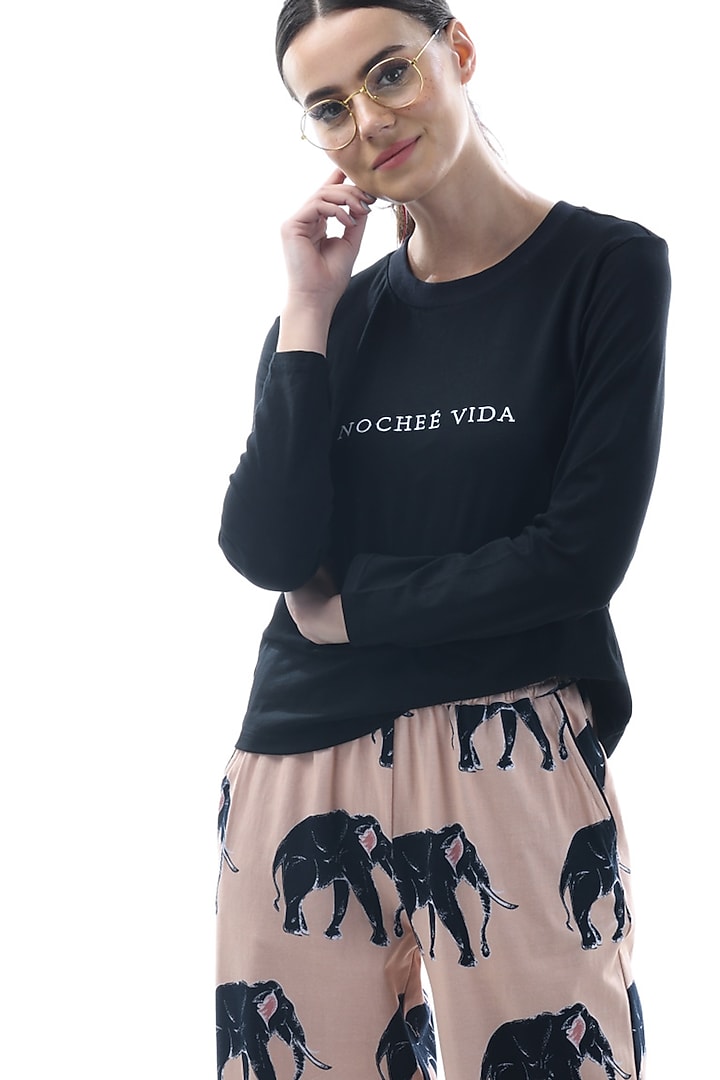 Peach Printed & Embroidered Pajama Pant Set by Nochee Vida at Pernia's Pop Up Shop