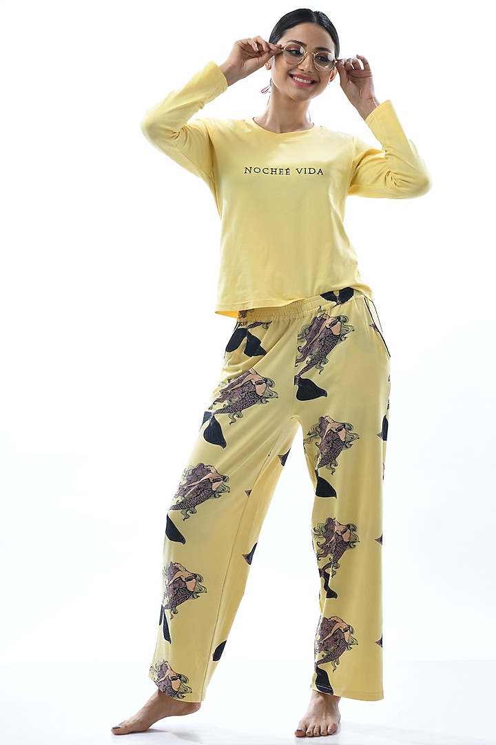 Yellow Printed & Embroidered Pajama Pant Set by Nochee Vida