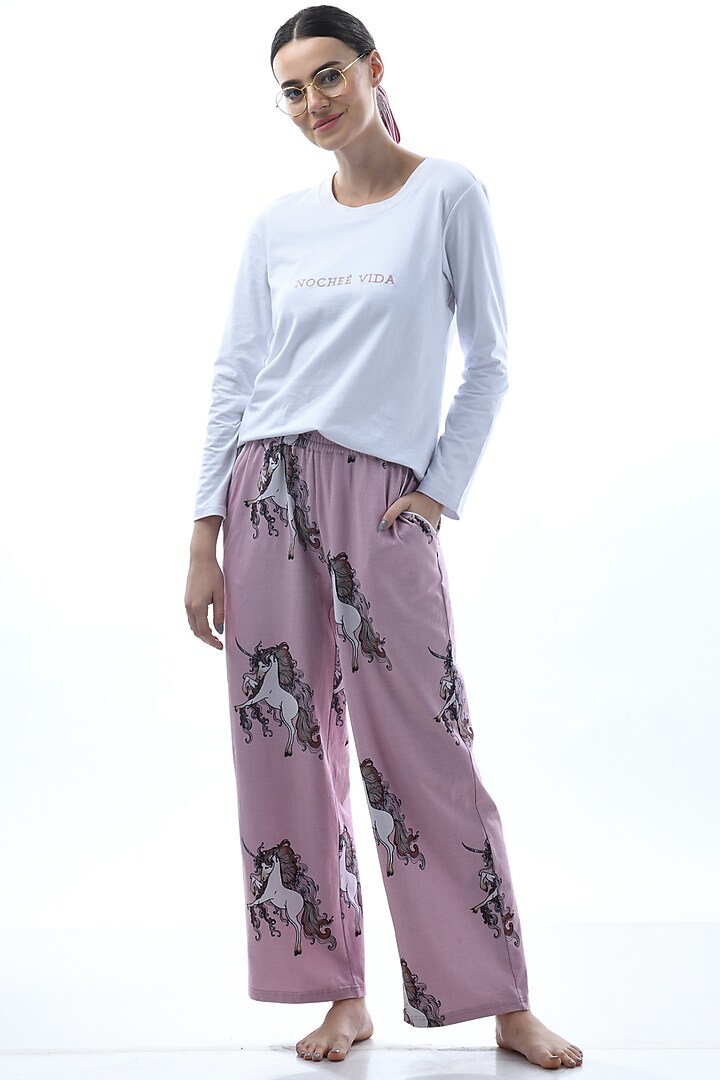 Purple Printed & Embroidered Pajama Pant Set by Nochee Vida
