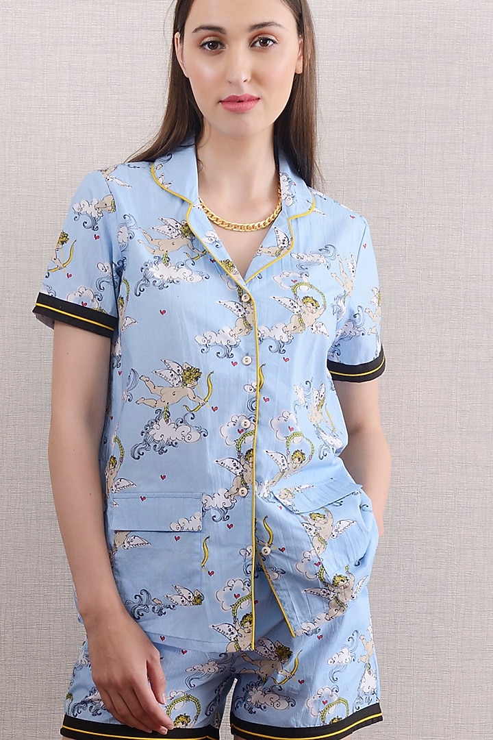 Sky Blue Printed Shorts With Top by Nochee Vida at Pernia's Pop Up Shop