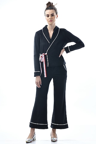 Black Kotted Top With Pajama Pants by Nochee Vida