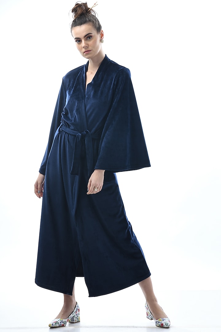Cobalt Blue Embroidered Robe With Tie-Up by Nochee Vida