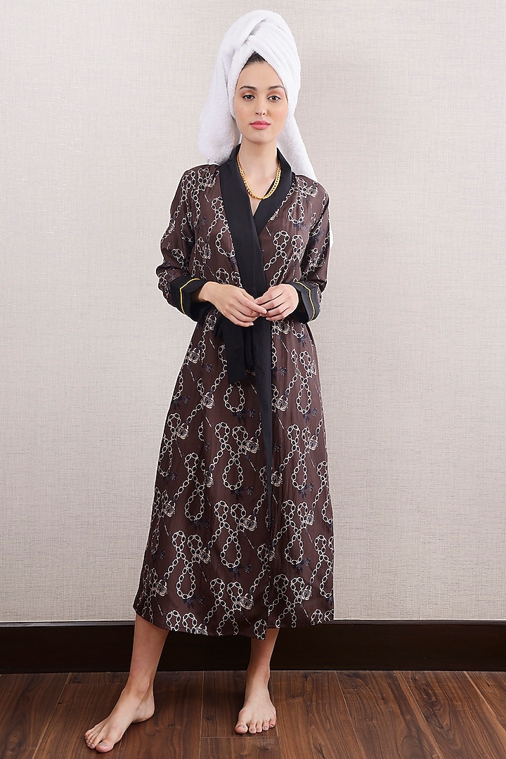 Brown Mulberry Silk Printed Robe by Nochee Vida at Pernia's Pop Up Shop