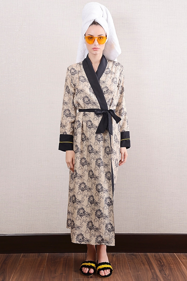 Beige Mulberry Silk Printed Robe by Nochee Vida