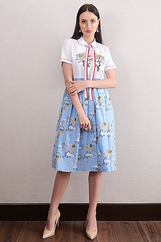 Sky Blue Printed & Embroidered Dress by Nochee Vida