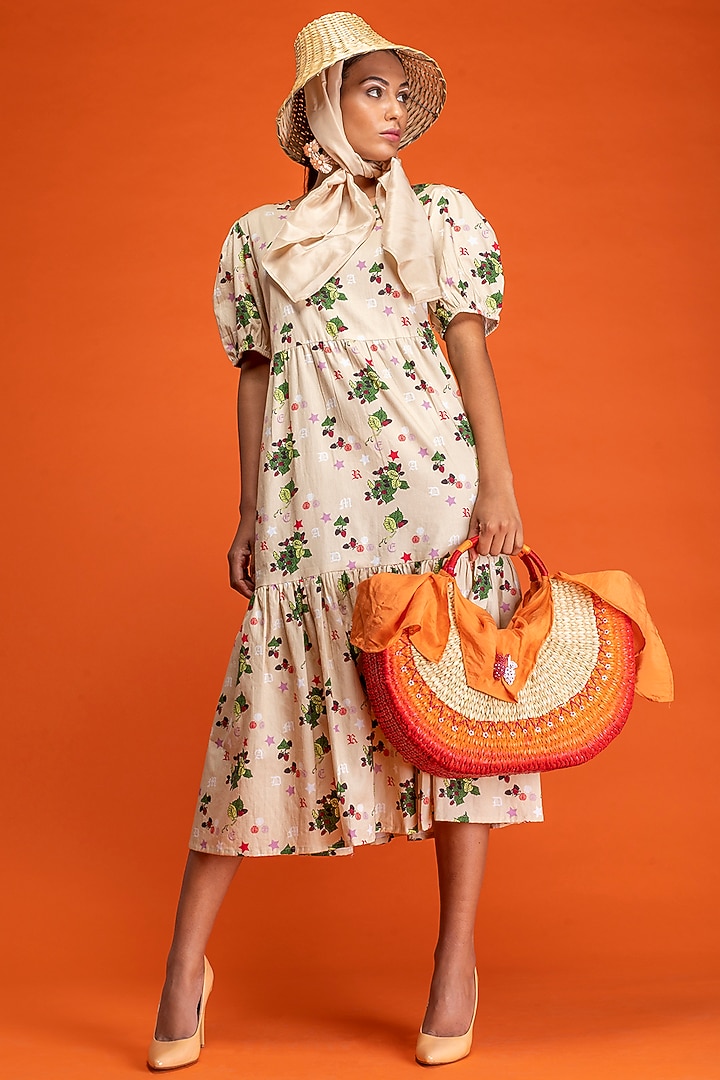 Beige Layered Summer Dress With Puff Sleeves by Nochee Vida at Pernia's Pop Up Shop