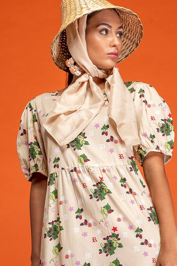 Beige Layered Summer Dress With Puff Sleeves by Nochee Vida at Pernia's Pop Up Shop