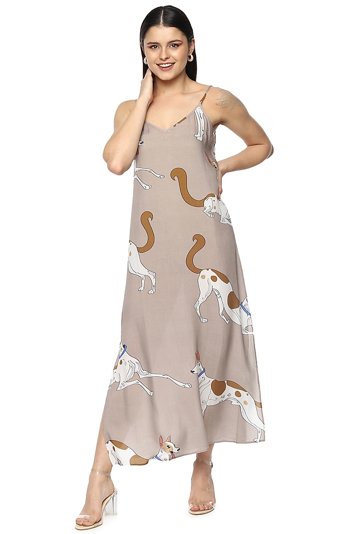 Beige Junie Dog Digital Printed Slip Dress by Nochee Vida