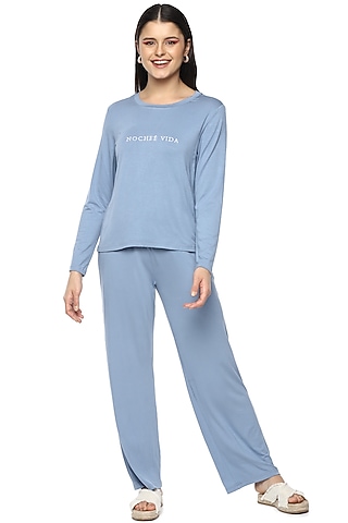 Sky Blue Viscose Night Suit by Nochee Vida