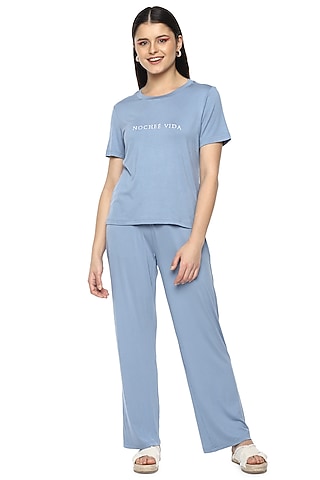 Sky Blue Night Suit In Viscose by Nochee Vida