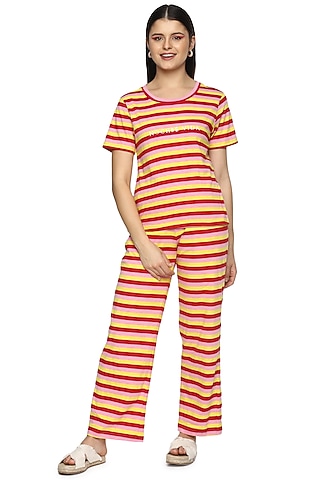 Yellow Striped Viscose Night Suit by Nochee Vida
