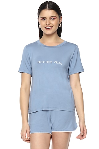 Sky Blue Viscose Night Suit by Nochee Vida
