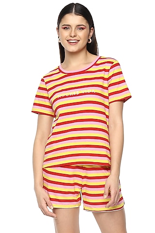 Yellow Striped Viscose Night Suit by Nochee Vida