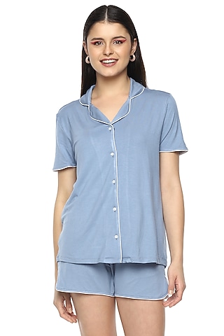 Sky Blue Viscose Night Suit by Nochee Vida