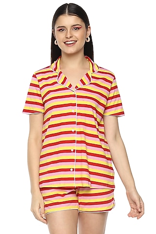 Yellow Striped Viscose Night Suit by Nochee Vida