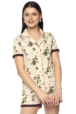 Beige Berry Digital Printed Night Suit by Nochee Vida