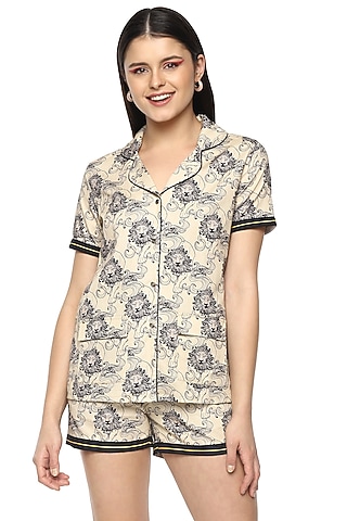 Beige Cotton Carlo Digital Printed Night Suit by Nochee Vida