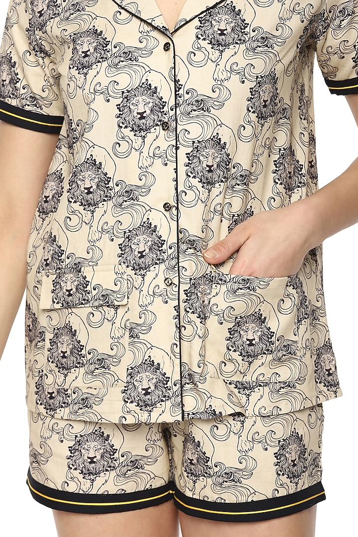 Beige Cotton Carlo Digital Printed Night Suit by Nochee Vida at Pernia's Pop Up Shop