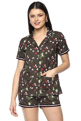 Olive Green Berry Digital Printed Night Suit by Nochee Vida
