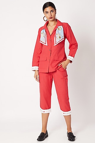 Cherry Red Shirt With Trouser Pants & Scarf by Nochee Vida