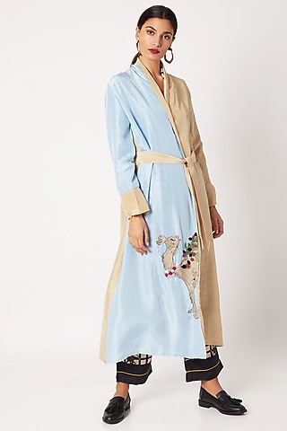 Beige & Sky Blue Hand Embroidered Silk Robe by Nochee Vida