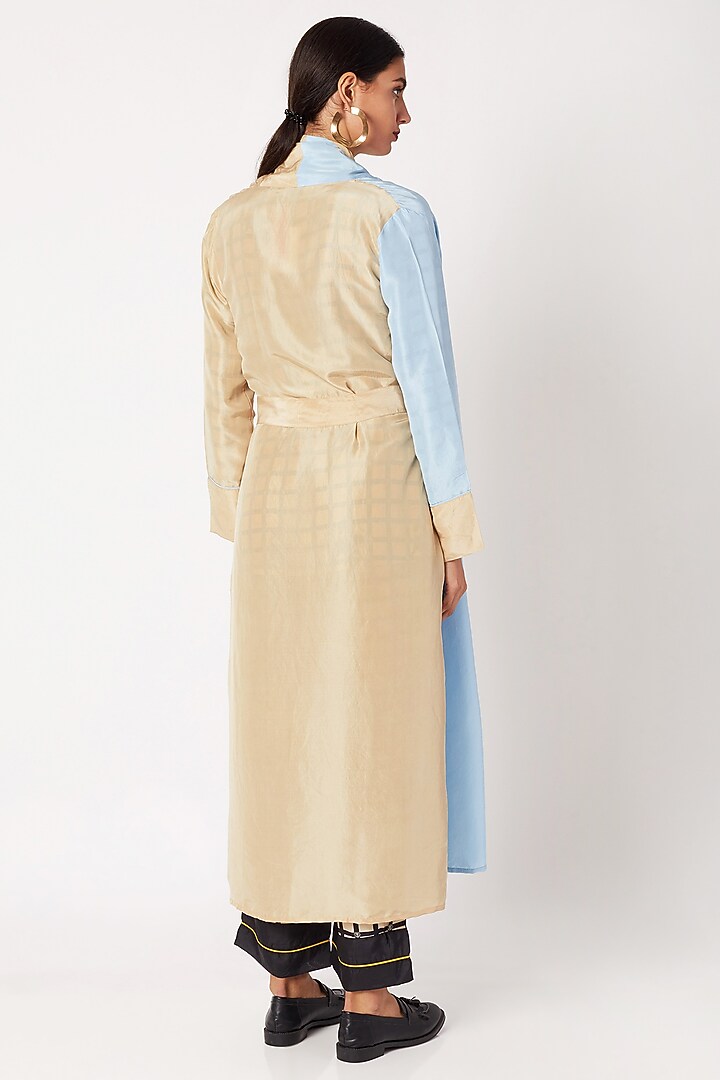 Beige & Sky Blue Hand Embroidered Silk Robe by Nochee Vida at Pernia's Pop Up Shop