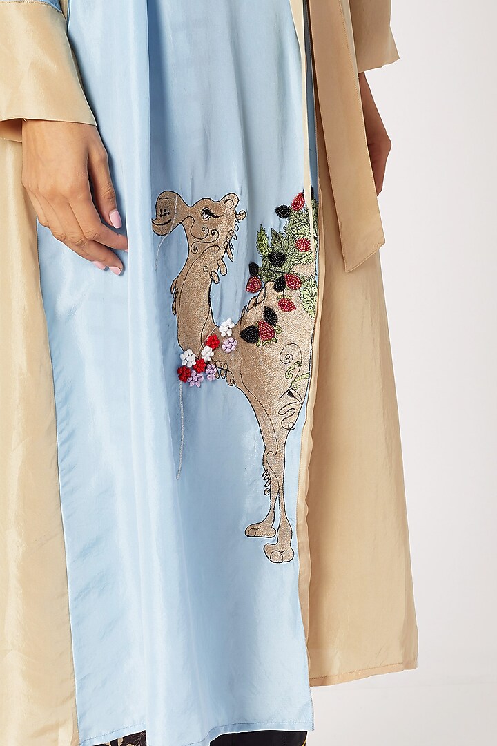 Beige & Sky Blue Hand Embroidered Silk Robe by Nochee Vida at Pernia's Pop Up Shop