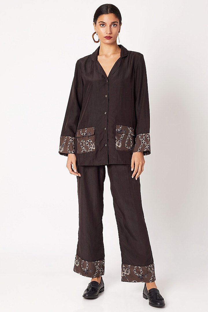 Brown Silk Pyjama Set by Nochee Vida