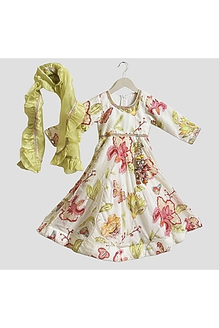 Off-White Organza Sequins Embroidered & Floral Printed Anarkali Set For Girls by New of you