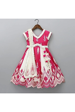 White & Red Cotton Thread Work Anarkali For Girls by New of you