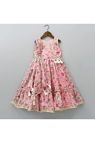 Peachish Pink Cotton Floral Printed Anarkali For Girls by New of you