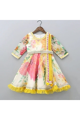 Multi-Colored Organza Floral Printed Anarkali Set by New of you