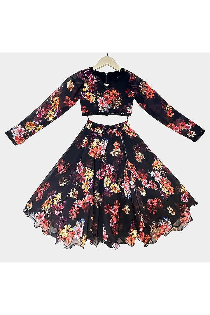 Black Georgette Floral Printed Lehenga Set For Girls by New of you at Pernia's Pop Up Shop