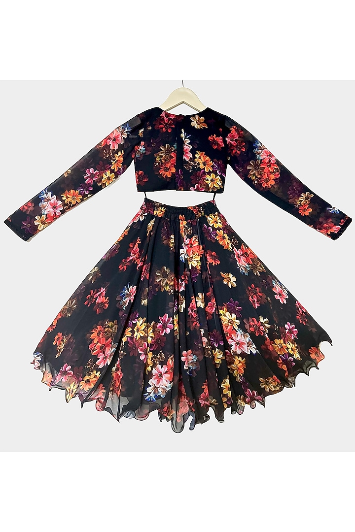 Black Georgette Floral Printed Lehenga Set For Girls by New of you at Pernia's Pop Up Shop