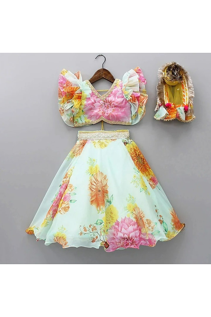 Multi-Colored Organza Floral Printed Lehenga Set For Girls by New of you at Pernia's Pop Up Shop