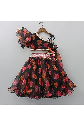 Black Organza Sequins Floral Embroidered & Printed Lehenga Set For Girls by New of you