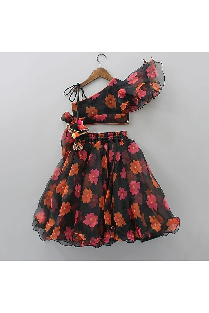 Black Organza Sequins Floral Embroidered & Printed Lehenga Set For Girls by New of you at Pernia's Pop Up Shop