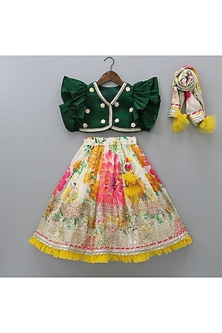 Multi-Colored Silk & Georgette Floral Printed Lehenga Set For Girls by New of you