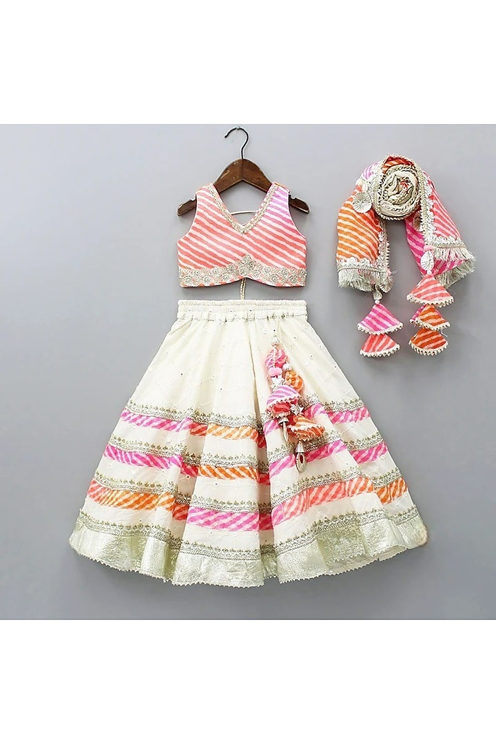 Off-White Cotton Leheriya Printed Lehenga Set For Girls by New of you at Pernia's Pop Up Shop