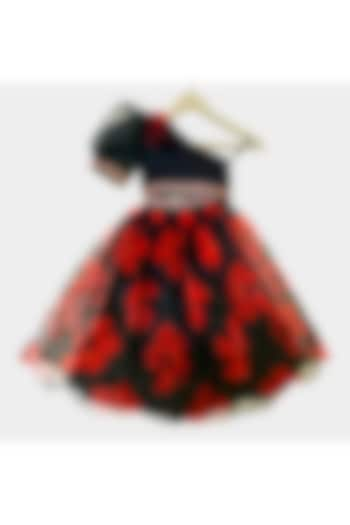 Black & Red Organza Floral Printed Lehenga Set For Girls by New of you at Pernia's Pop Up Shop