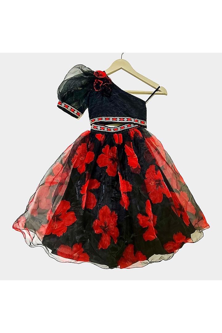 Black & Red Organza Floral Printed Lehenga Set For Girls by New of you at Pernia's Pop Up Shop