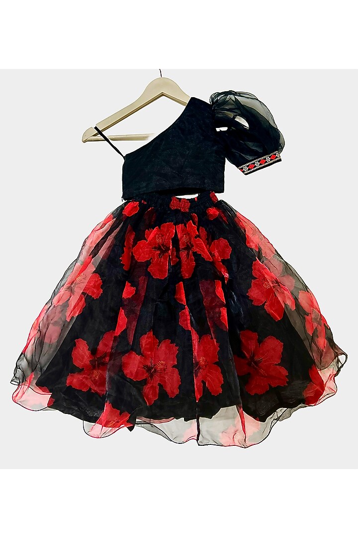 Black & Red Organza Floral Printed Lehenga Set For Girls by New of you at Pernia's Pop Up Shop