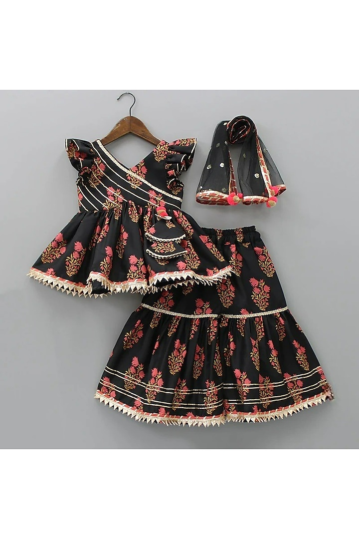 Black Cotton Floral Printed Sharara Set For Girls by New of you at Pernia's Pop Up Shop