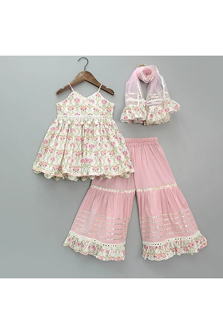 Off-White & Blush Pink Cotton Floral Printed Sharara Set For Girls by New of you at Pernia's Pop Up Shop