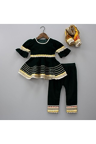 Bottle Green Velvet Gota Lace Work Kurta Set For Girls by New of you