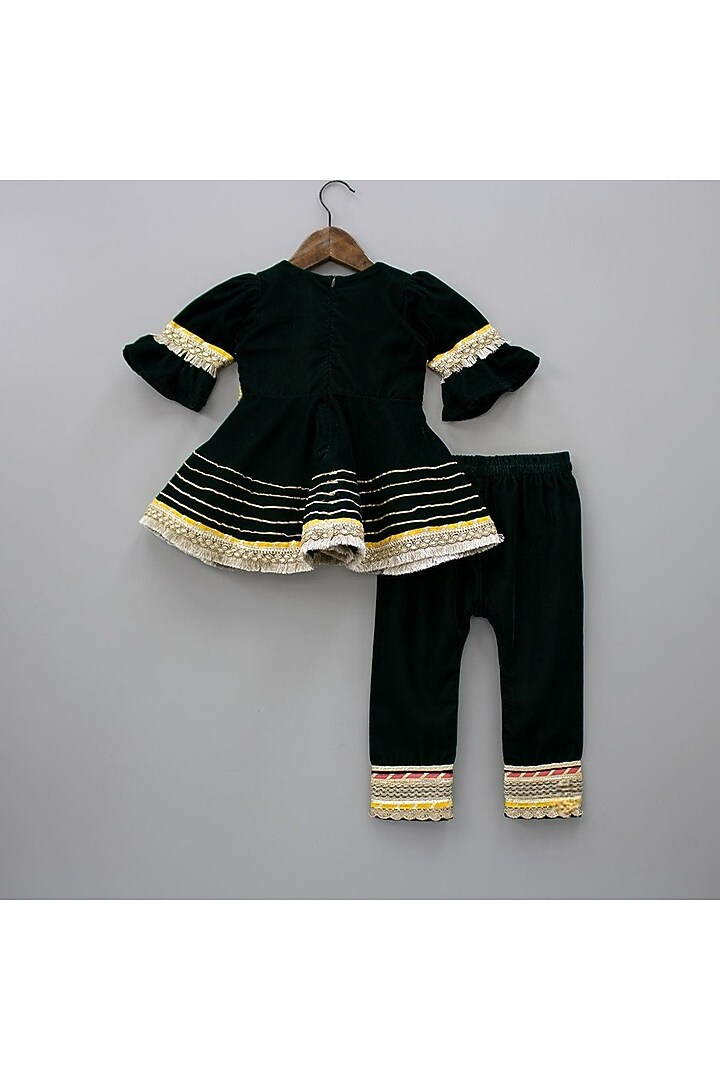 Bottle Green Velvet Gota Lace Work Kurta Set For Girls by New of you at Pernia's Pop Up Shop